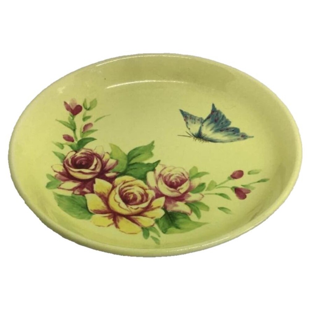 Vintage Yellow Dish Bowl Red Roses Blue Butterfly Dessert Fruit Salad 7.25"